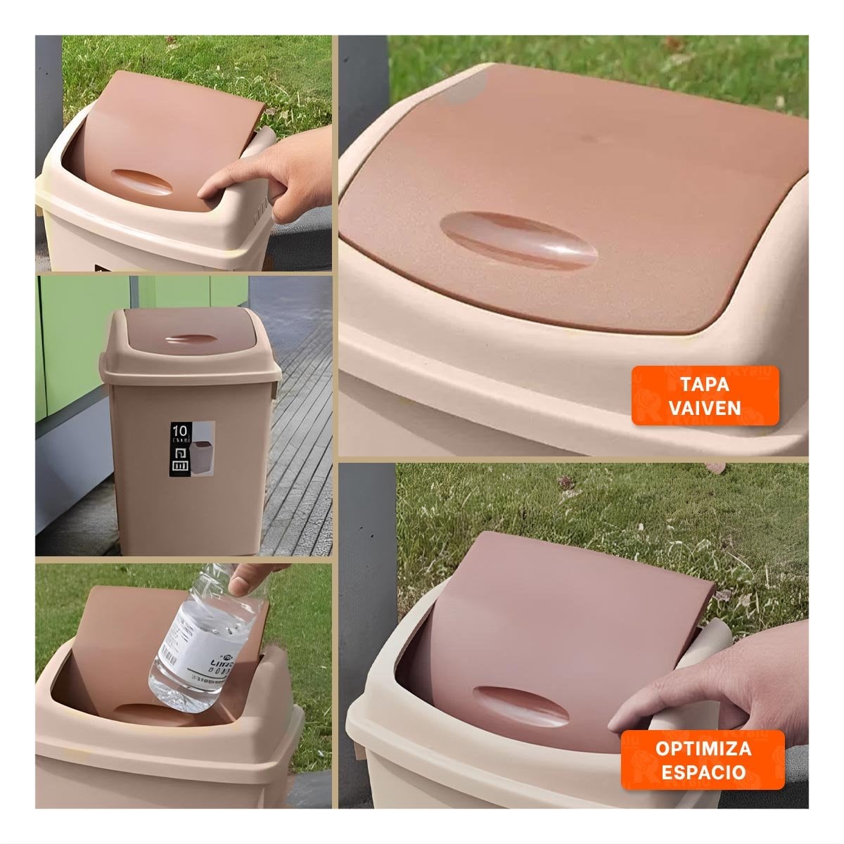 TACHO DE BASURA COLOR MARRON CON TAPA TIPO VAIVEN Y VOLUMEN 10L Y+POST IT - 2