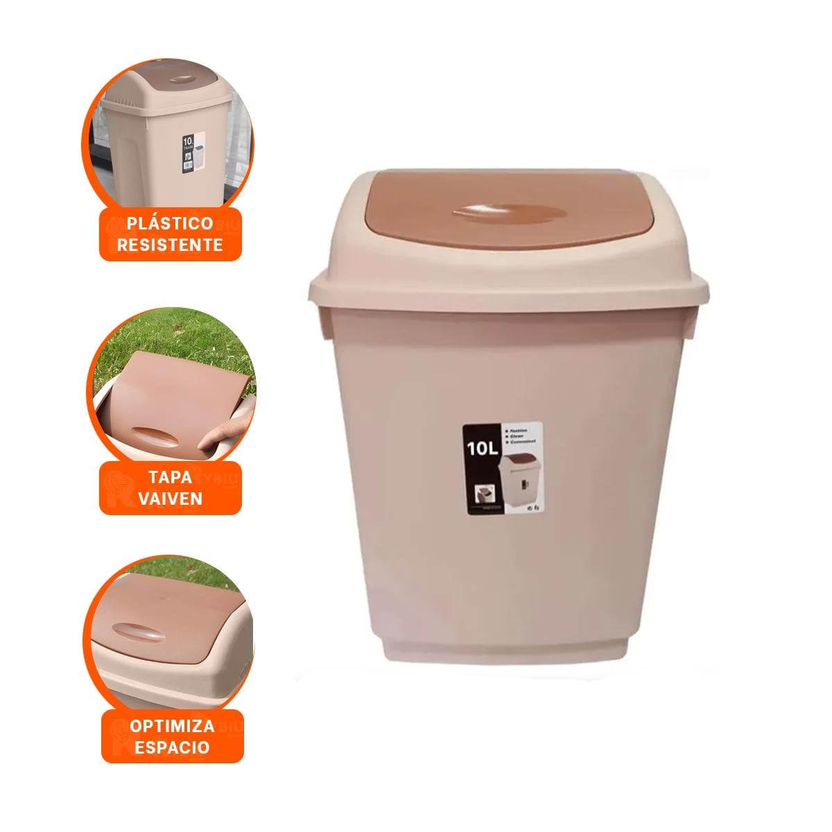 TACHO DE BASURA COLOR MARRON CON TAPA TIPO VAIVEN Y VOLUMEN 10L Y+POST IT - 5