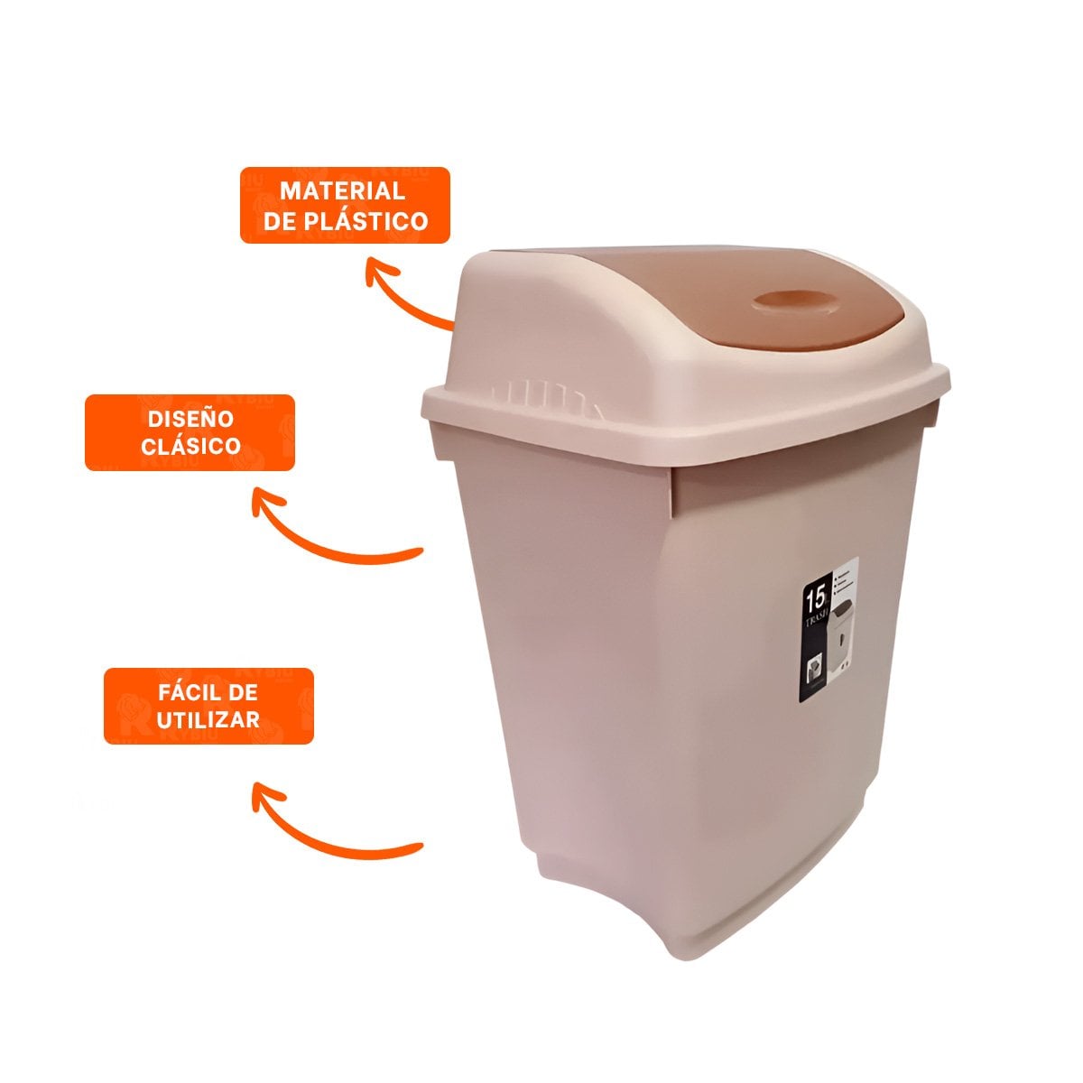 TACHO COLOR MARRON DE BASURA CON TAPA VAIVEN Y CAPACIDAD FUNCIONAL 15L Y+PAPEL REGALO - 5