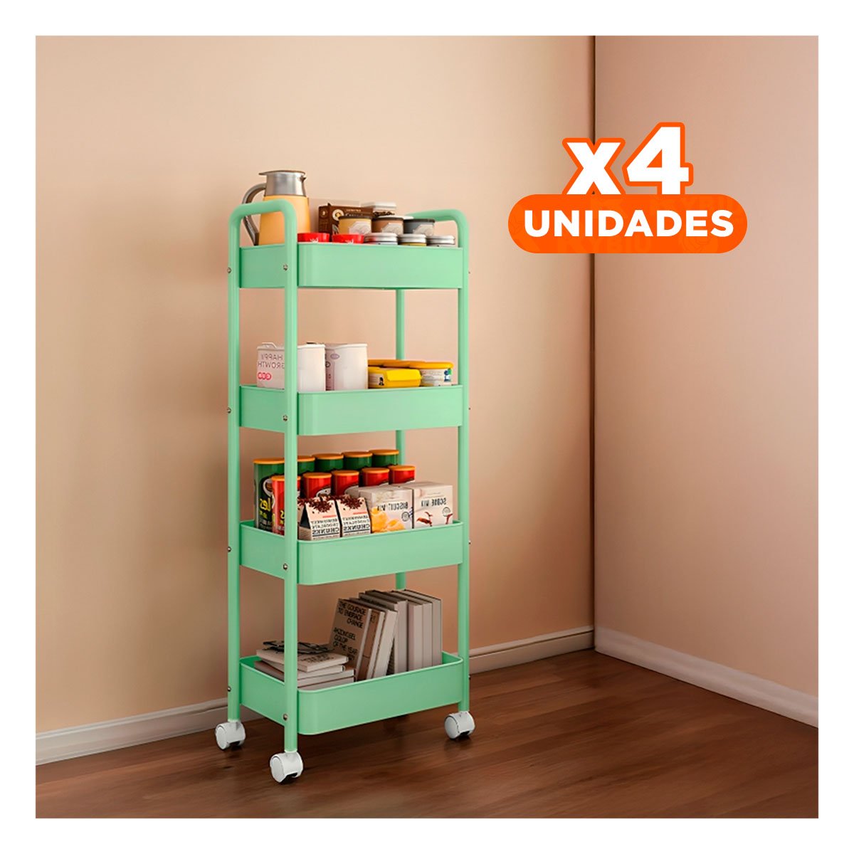 PACK4 MESA METAL 4 NIVELES CON RUEDAS Y ASAS VERDE AGUA Y+REGALO STICKER - 1
