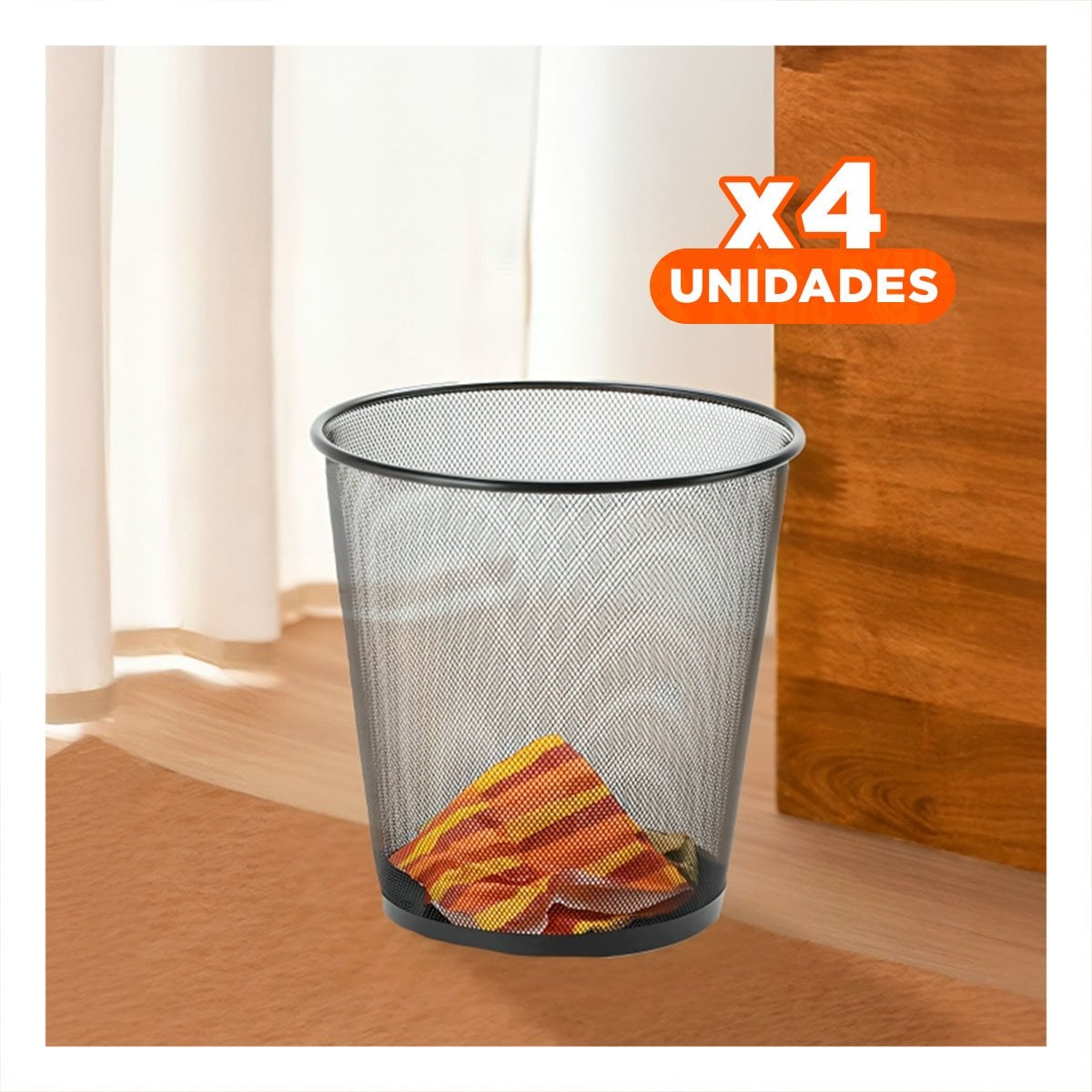 PACK4 DEPOSITO DE BASURA NEGRO REDONDO MALLA METALICA PARA OFICINA SALA Y COCINA Y+PAPEL REGALO - 1