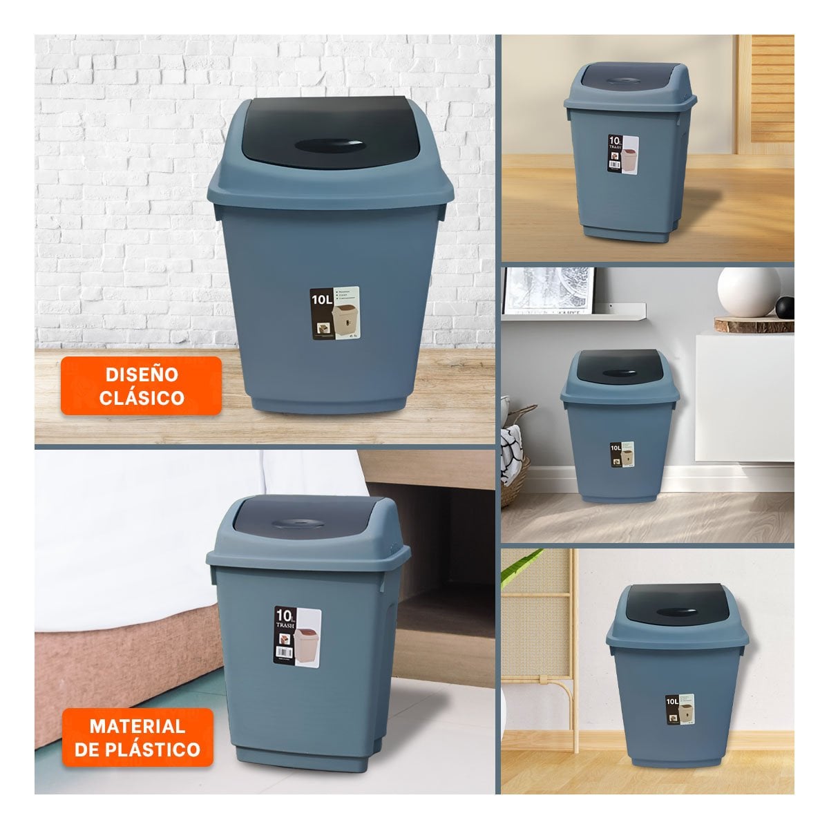 PACK2 RECIPIENTE VAIVEN DE BASURA CON TAPA AZUL FUNCIONAL 10L Y+PAPEL REGALO - 3