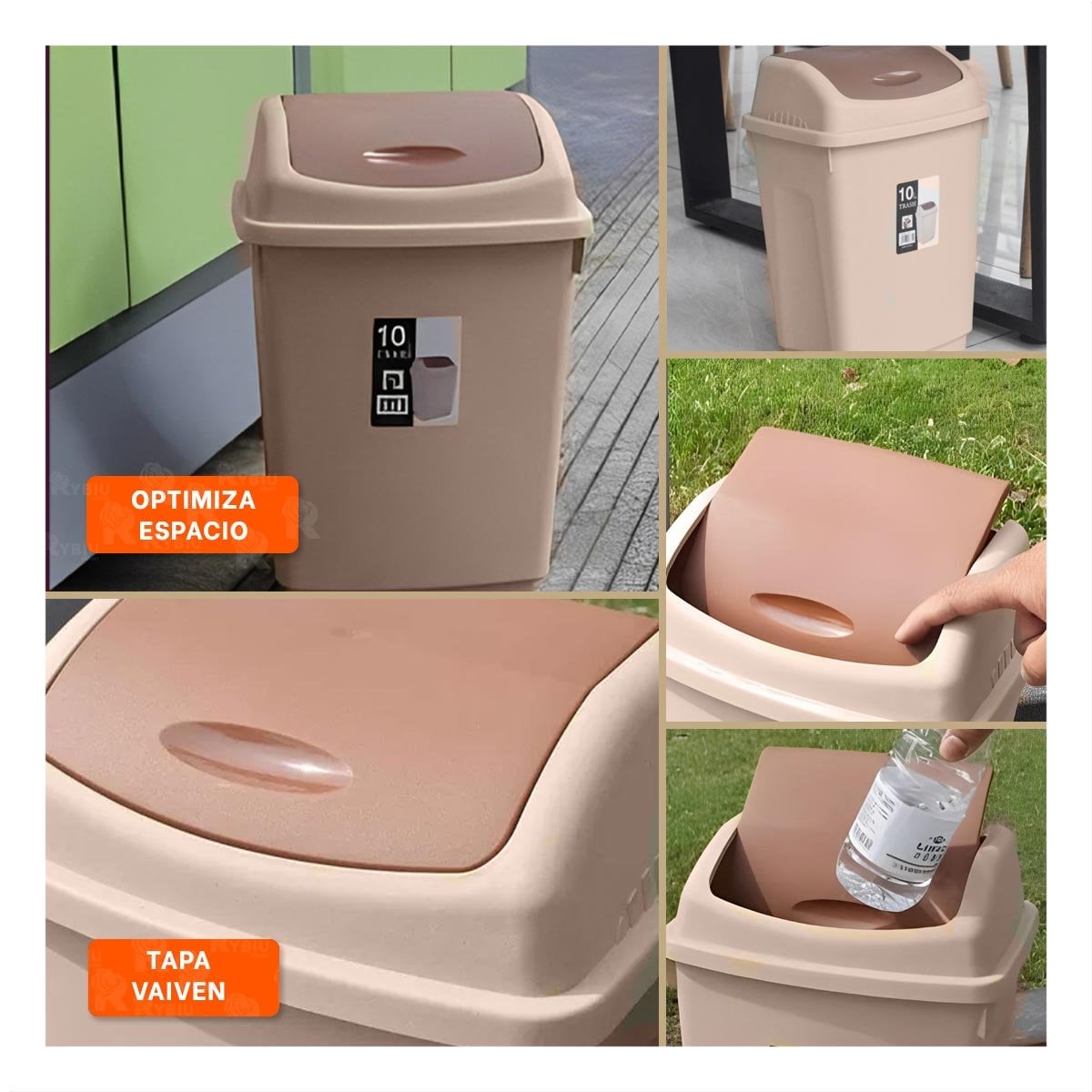 TACHO CON TAPA VAIVEN PARA BASURA EN COLOR MARRON CON CAPACIDAD 10L Y+LIGAS REGALO - 1
