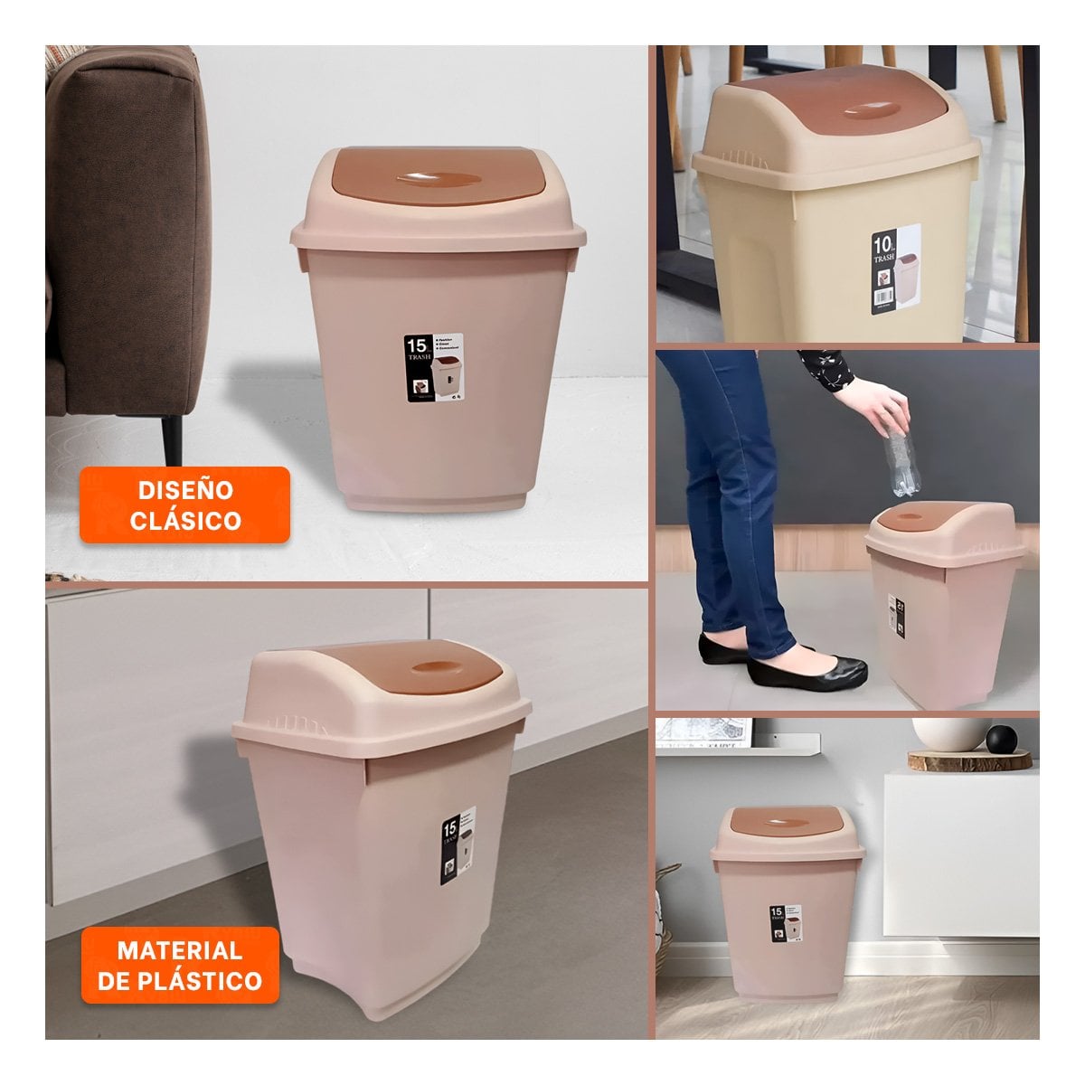 TACHO CON TAPA VAIVEN PARA BASURA EN COLOR MARRON CON CAPACIDAD 15L Y+LIGAS REGALO - 1