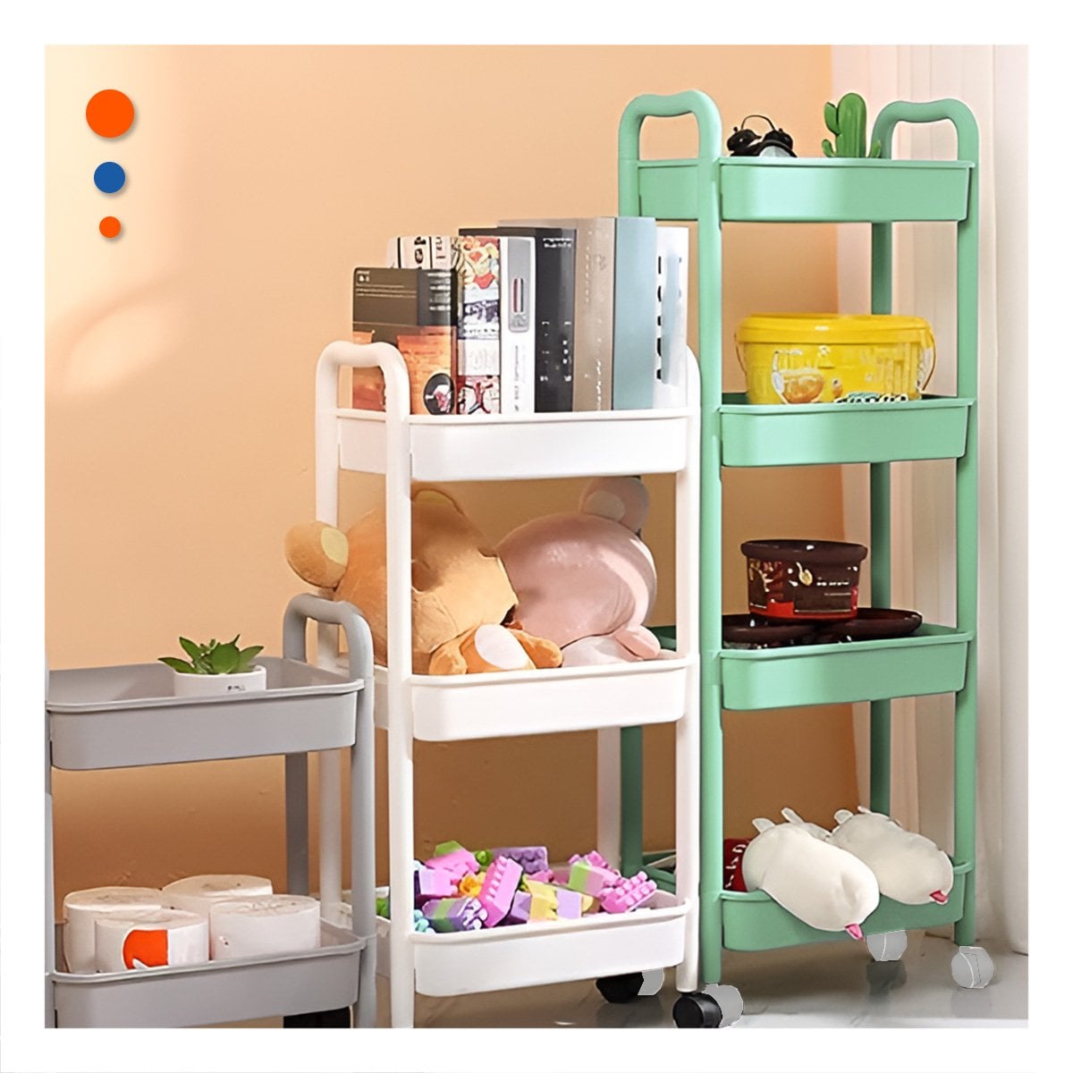ESTANTE ORGANIZADOR 4 NIVELES CON RUEDAS Y ASAS METAL VERDE AGUA - 1