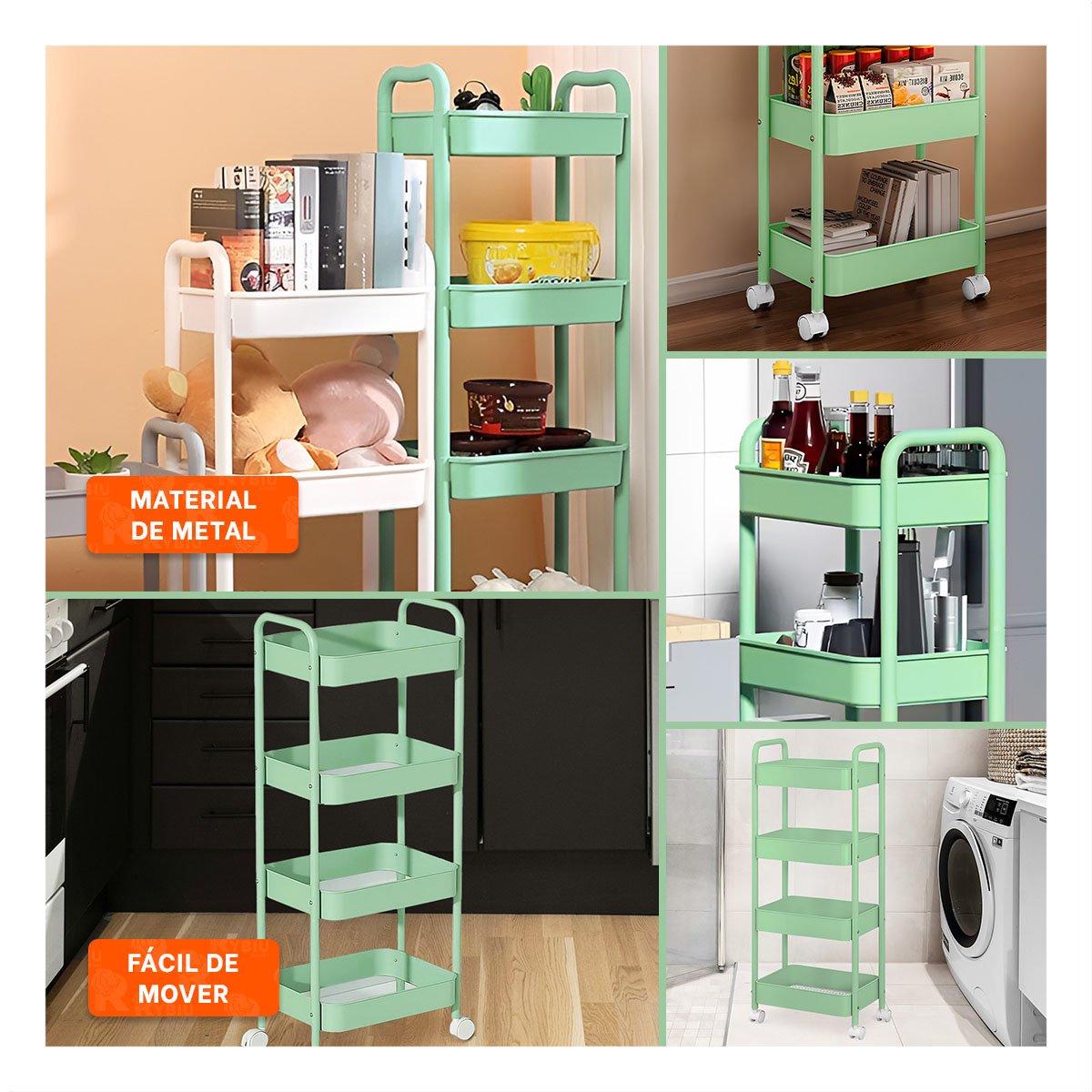 ESTANTE ORGANIZADOR 4 NIVELES CON RUEDAS Y ASAS METAL VERDE AGUA - 2