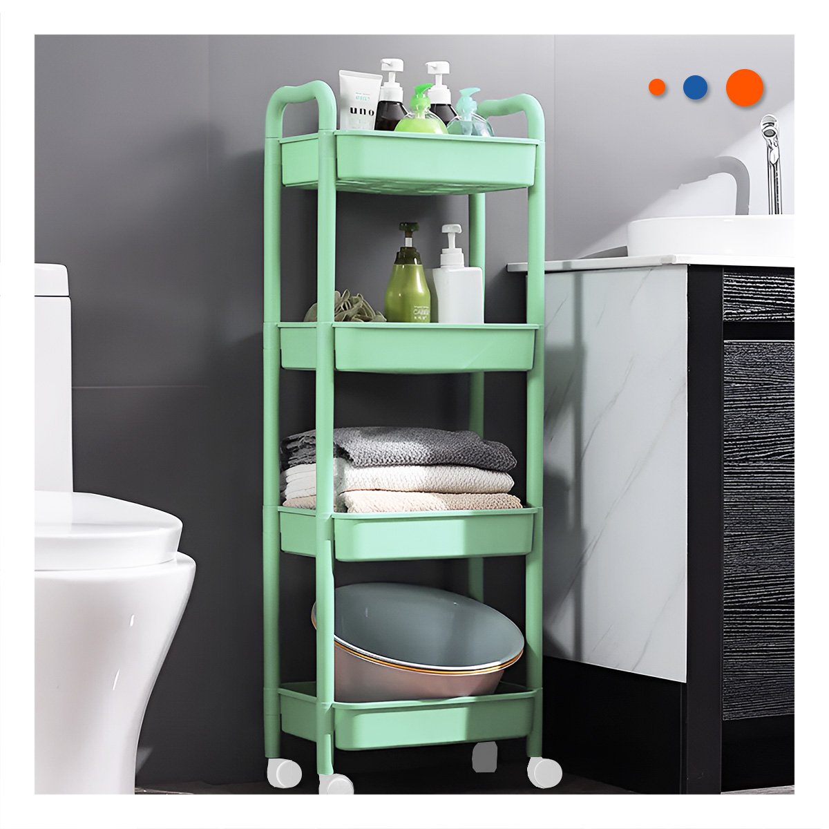 ESTANTE ORGANIZADOR 4 NIVELES CON RUEDAS Y ASAS METAL VERDE AGUA - 3