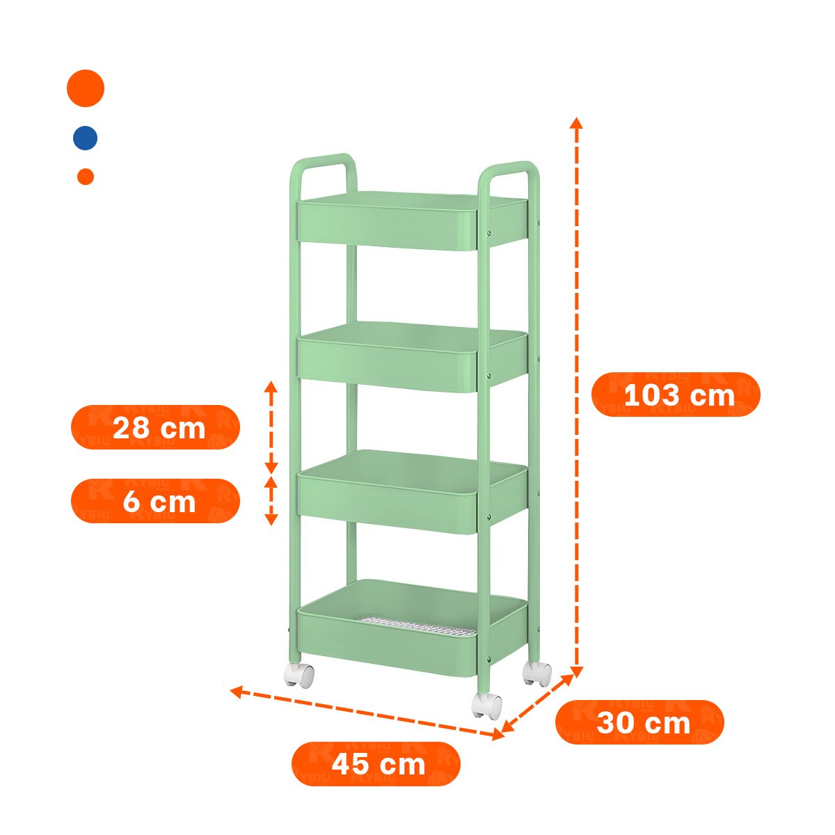 ESTANTE ORGANIZADOR 4 NIVELES CON RUEDAS Y ASAS METAL VERDE AGUA - 4