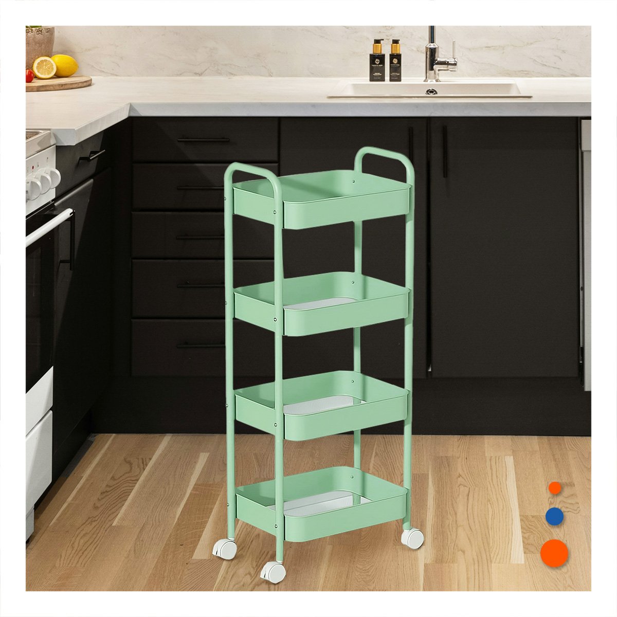 ESTANTE ORGANIZADOR 4 NIVELES CON RUEDAS Y ASAS METAL VERDE AGUA - 5