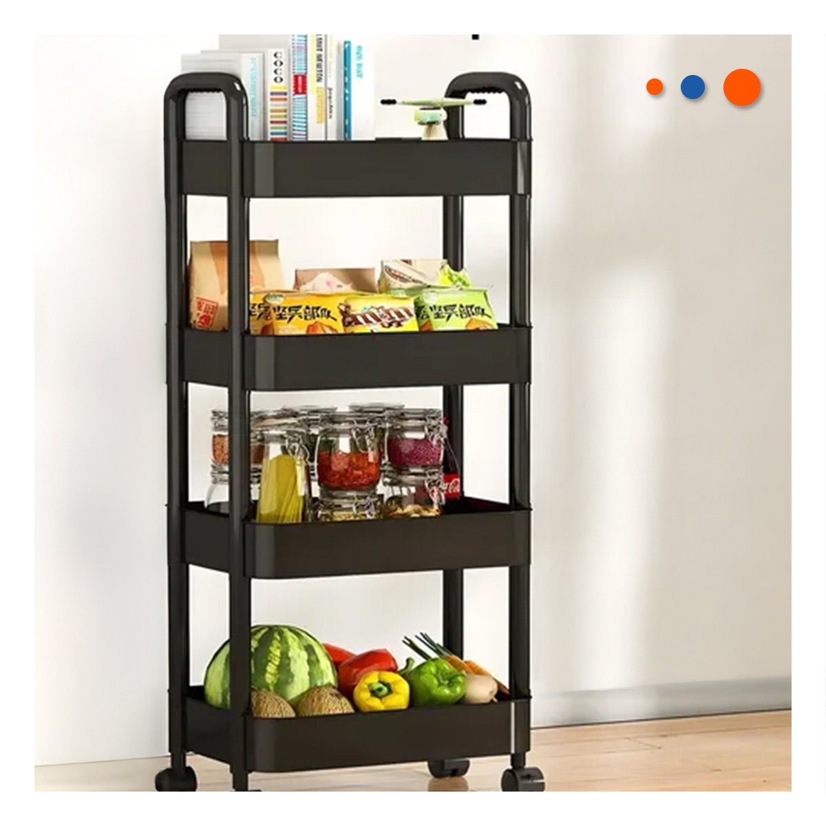 PACK6 CARRITO MOVIL 4 NIVELES CON RUEDAS Y ASAS DE PLASTICO NEGRO PARA COCINA - 2