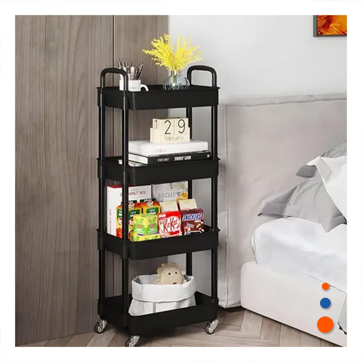 PACK6 CARRITO MOVIL 4 NIVELES CON RUEDAS Y ASAS DE PLASTICO NEGRO PARA COCINA - 3