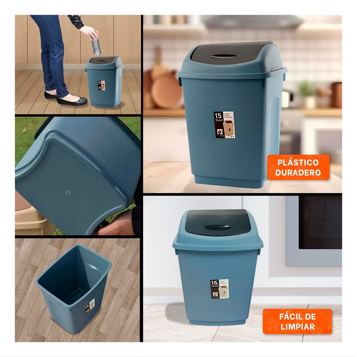 TACHO COLOR AZUL DE BASURA CON TAPA VAIVEN Y CAPACIDAD FUNCIONAL 15L Y+PAPEL REGALO - 3