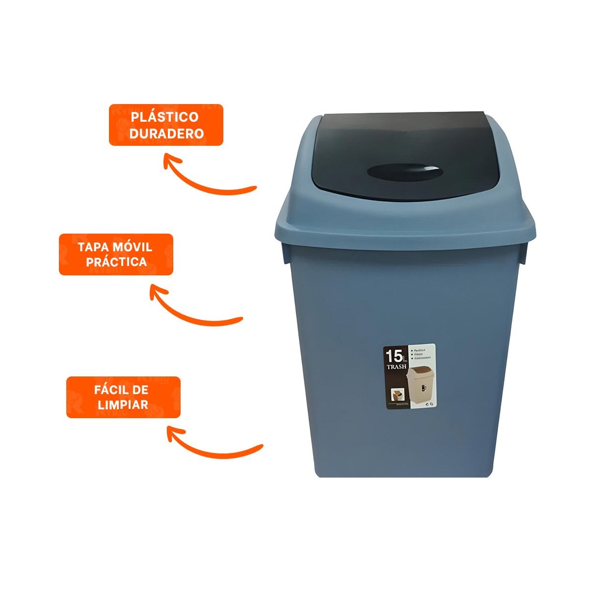 TACHO COLOR AZUL DE BASURA CON TAPA VAIVEN Y CAPACIDAD FUNCIONAL 15L Y+PAPEL REGALO - 5