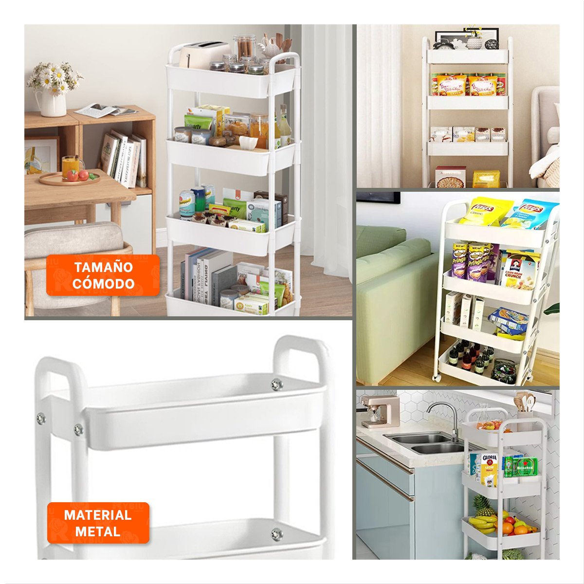 PACK2 MODULO BLANCO DE METAL CON 4 NIVELES MOVILES Y RUEDAS PARA COCINA Y+PAPEL REGALO - 3