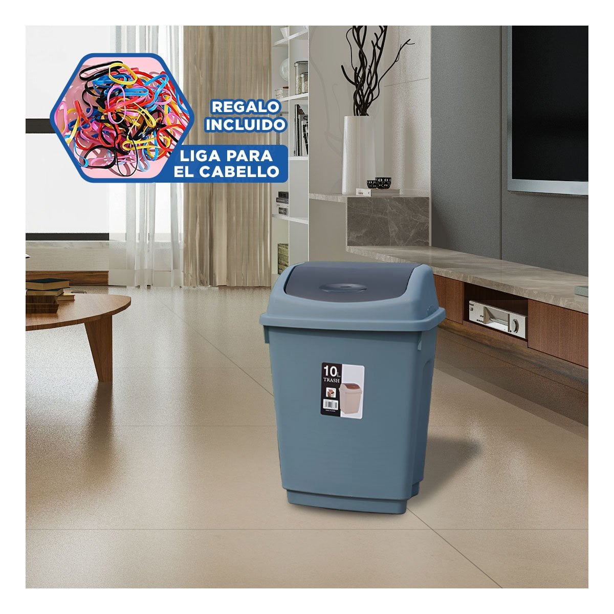 TACHO CON TAPA VAIVEN PARA BASURA EN COLOR AZUL CON CAPACIDAD 10L Y+LIGAS REGALO - 2