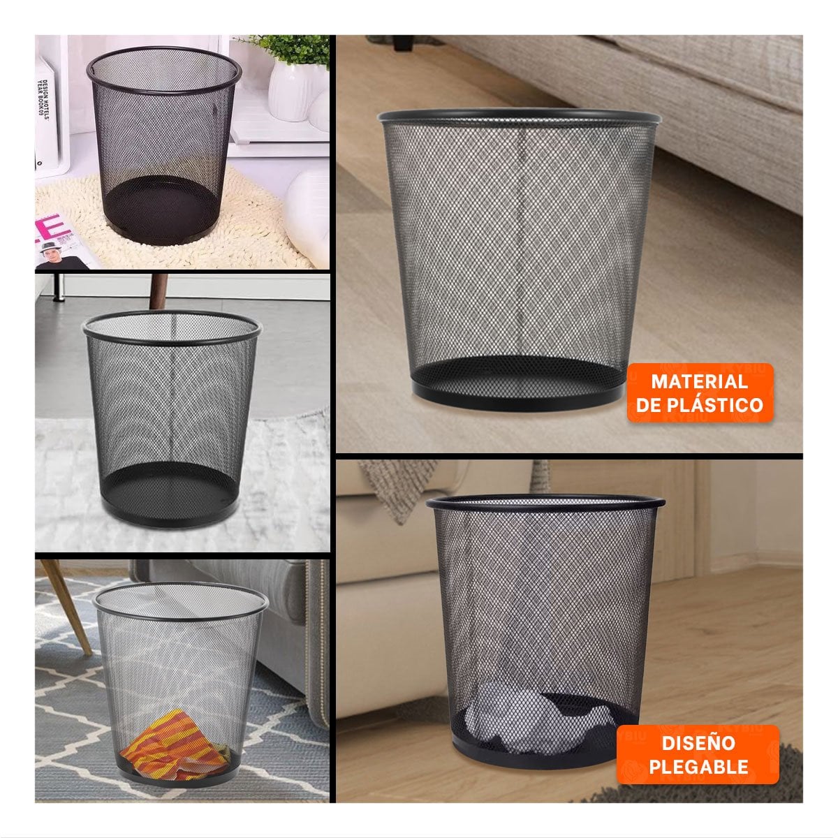 PACK4 TACHO DE BASURA NEGRO METALICO REDONDO PARA OFICINA HOGAR Y COCINA Y+REGALO STICKER - 2