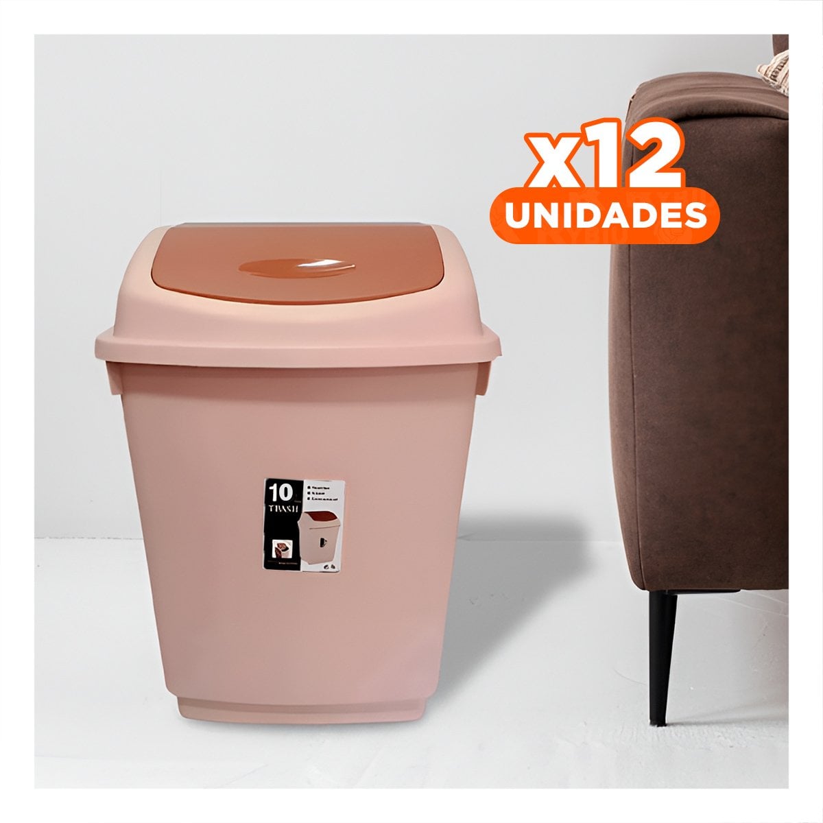 PACK12 CONTENEDOR DE BASURA VAIVEN COLOR MARRON DE USO CONTINUO 10L Y+REGALO STICKER - 1