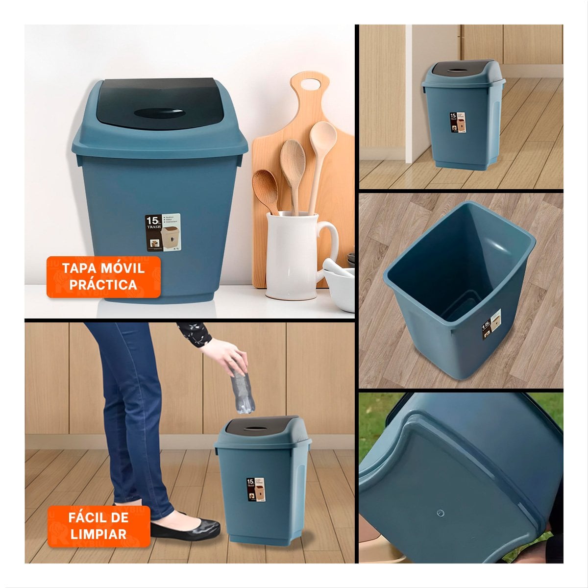 PACK12 CONTENEDOR DE BASURA CON TAPA VAIVEN Y ACABADO AZUL 15L - 2