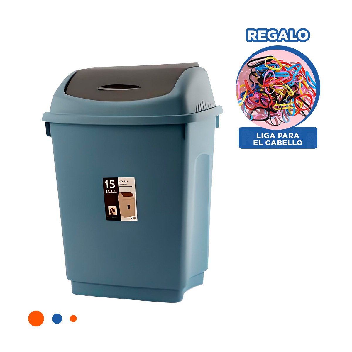 TACHO CON TAPA VAIVEN PARA BASURA EN COLOR AZUL CON CAPACIDAD 15L Y+LIGAS REGALO - 2