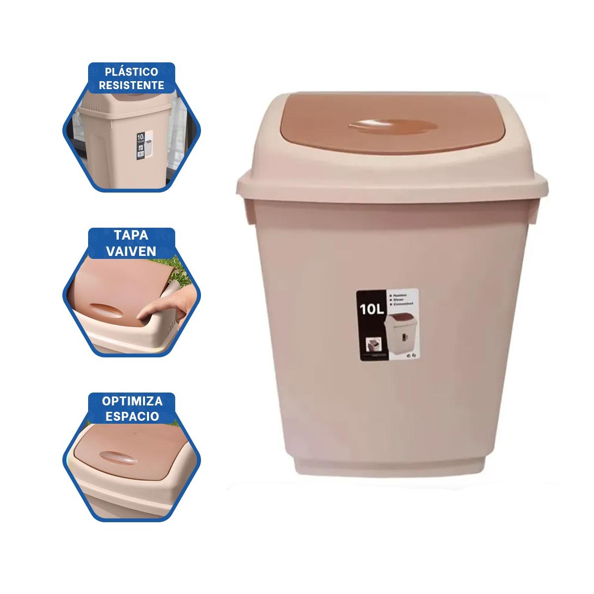 TACHO COLOR MARRON DE BASURA CON TAPA VAIVEN Y CAPACIDAD FUNCIONAL 10L Y+PAPEL REGALO - 5