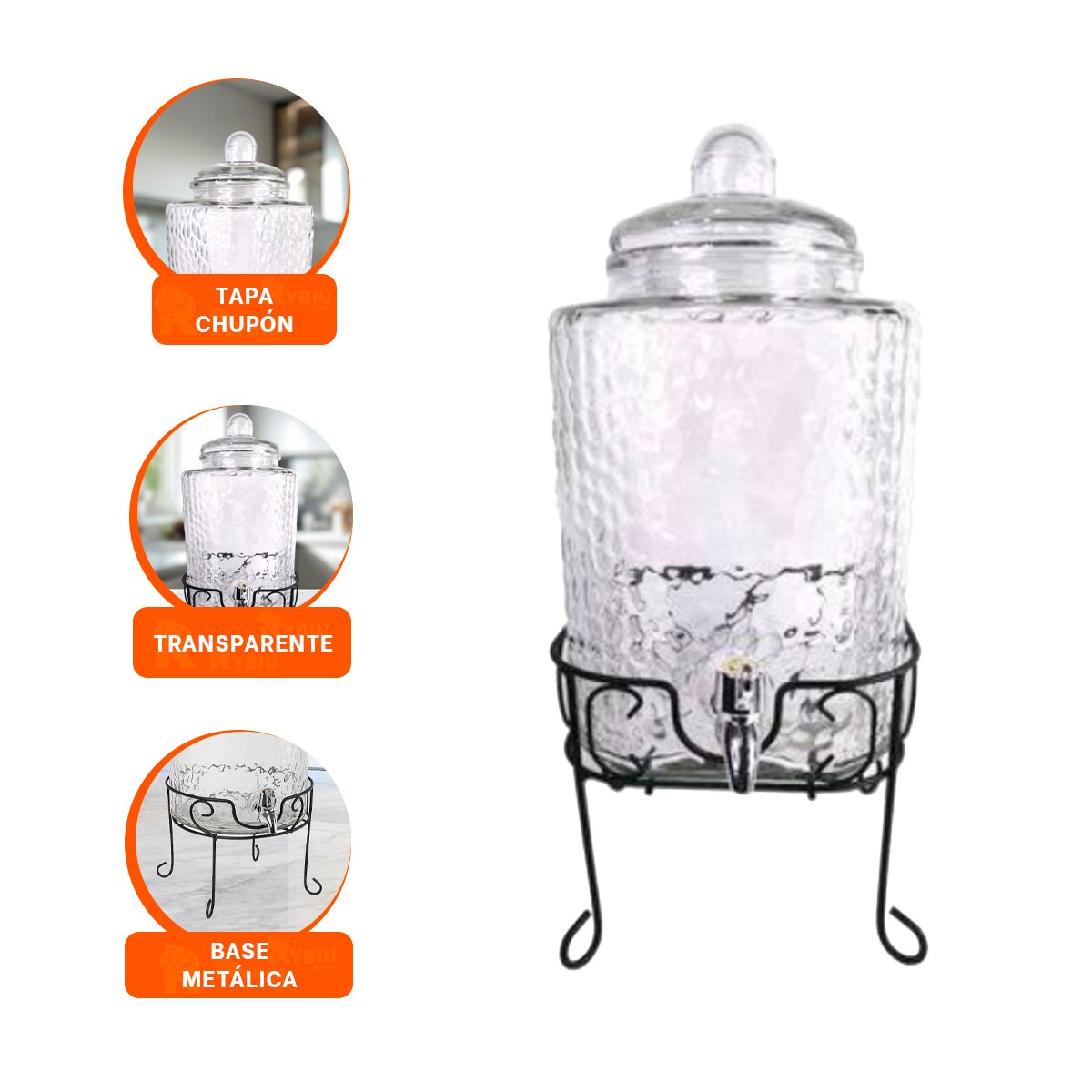 CONTENEDOR DE BEBIDA TRANSPARENTE 6L CON BASE METALICA PARA FIESTAS Y HOGAR Y+LIGAS REGALO - 5