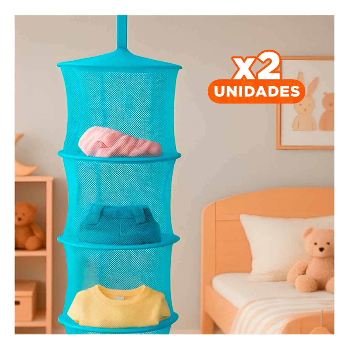 PACK2 SOPORTE COLGANTE TIPO RED 3 NIVELES CELESTE PRACTICO PARA HOGAR Y+PAPEL REGALO - 1
