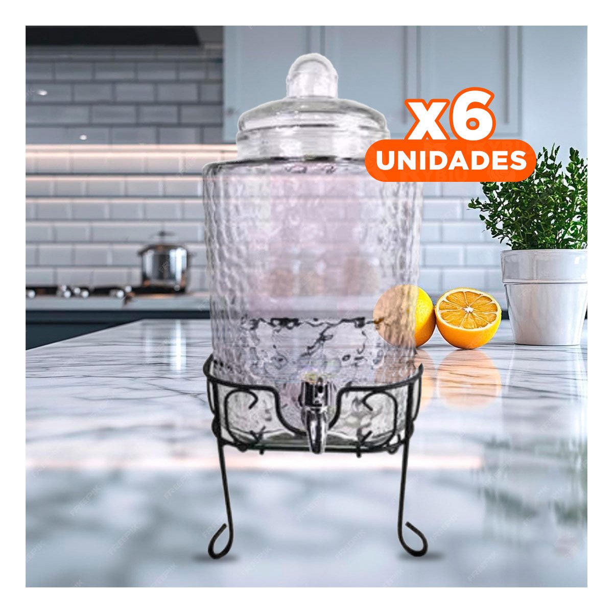 PACK6 SISTEMA DE BEBIDA TRANSPARENTE 6L CON BASE METALICA PARA REUNIONES Y+PAPEL REGALO - 1
