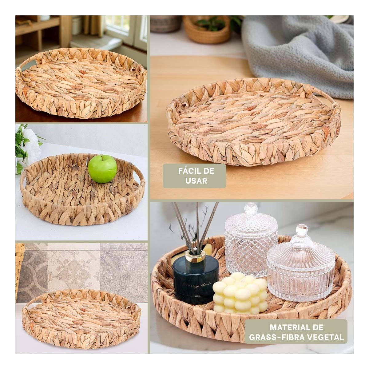 CANASTA CIRCULAR TEJIDA CON ASAS GRASS 32X4CM EN TONO MOSTAZA PARA DECORACION Y+PAPEL REGALO - 3