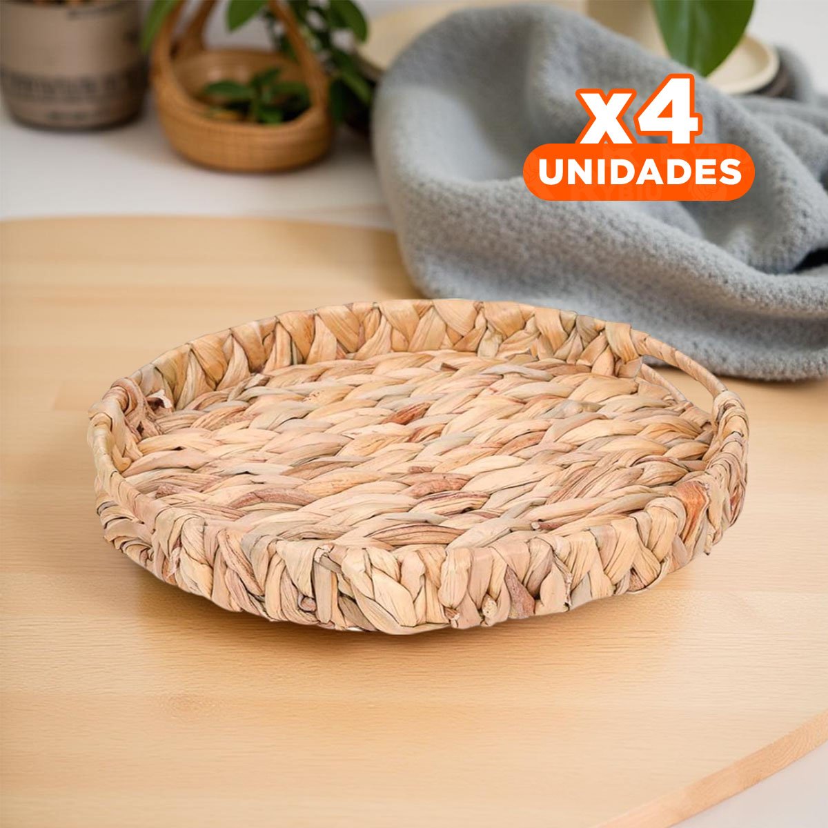 PACK4 CANASTO TEJIDA CIRCULAR CON ASAS GRASS 36X5CM MOSTAZA PARA OFICINA Y+PAPEL REGALO - 1