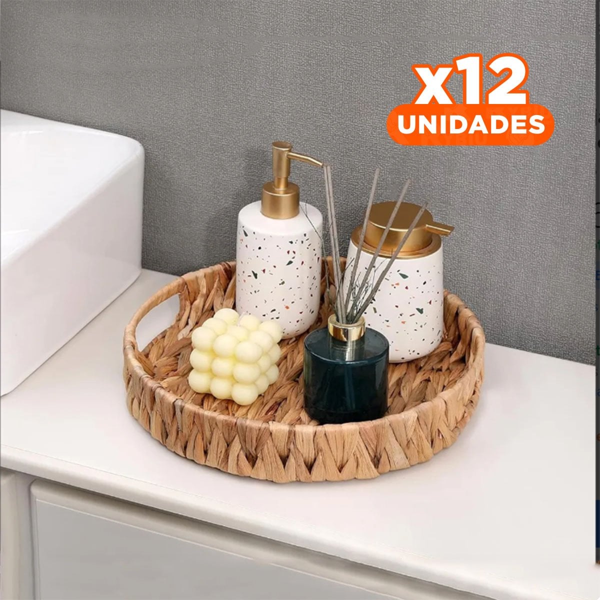 PACK12 CANASTA TEJIDA CIRCULAR GRASS 27X4CM PARA DECORACION FESTIVO MOSTAZA Y+REGALO STICKER - 1