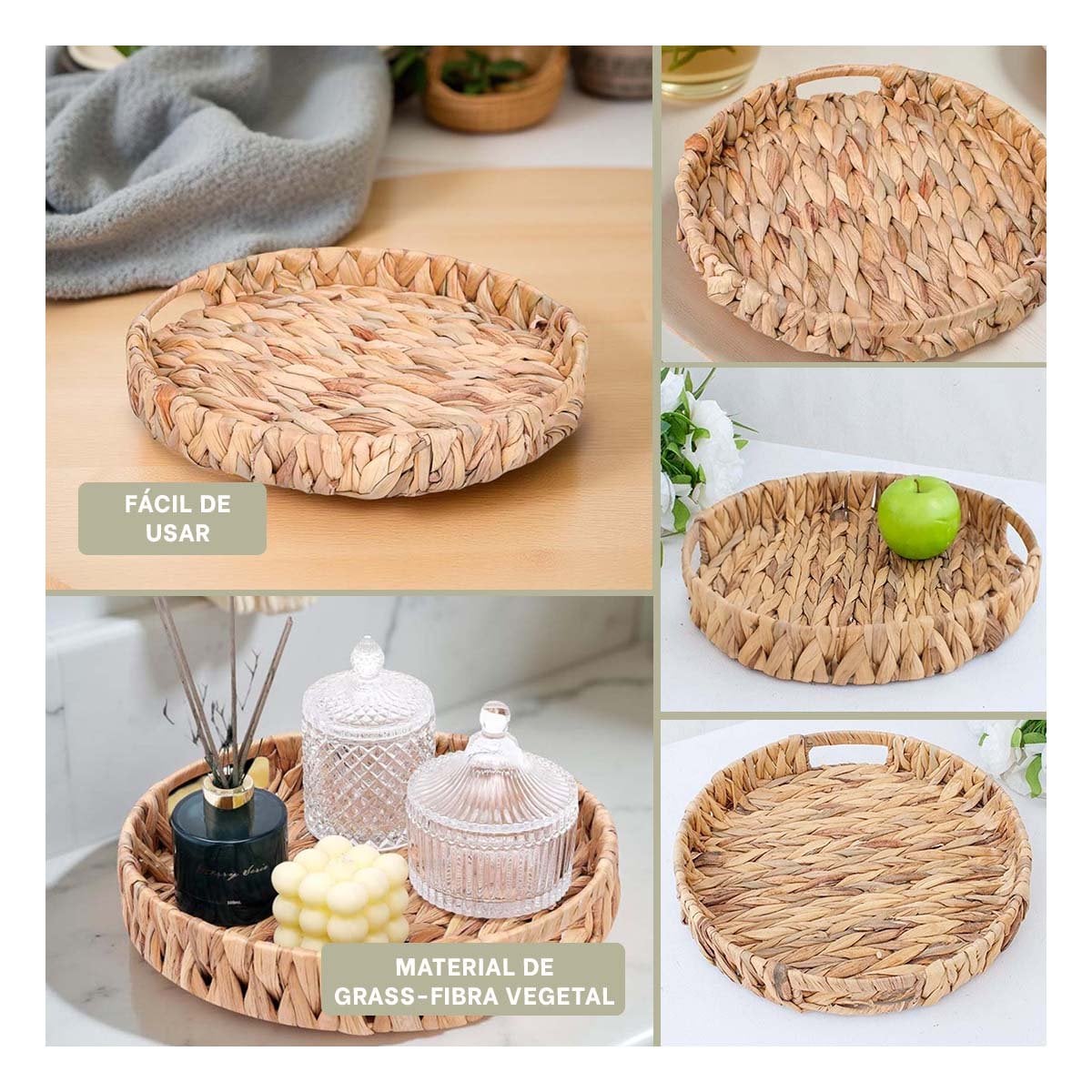 CESTA REDONDA TEJIDA CON ASAS GRASS 30X4CM MOSTAZA PARA DECORACION HOGAR - 2