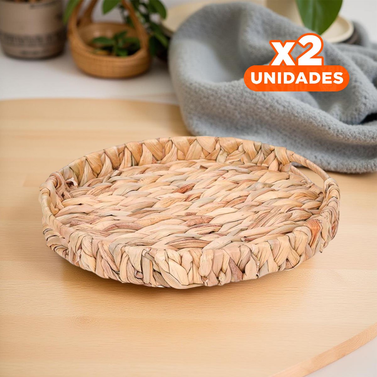 PACK2 CANASTO DECORATIVO REDONDO CON ASAS GRASS 36X5CM MOSTAZA PARA COMEDOR Y+PAPEL REGALO - 1