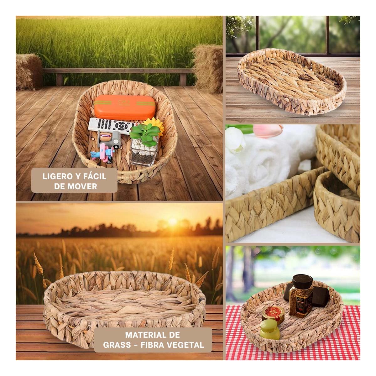 CESTA TEJIDA OVALADA GRASS 36X28X6CM MOSTAZA PRÁCTICA PARA ALMACENAR ARTÍCULOS Y+LIGAS REGALO - 1