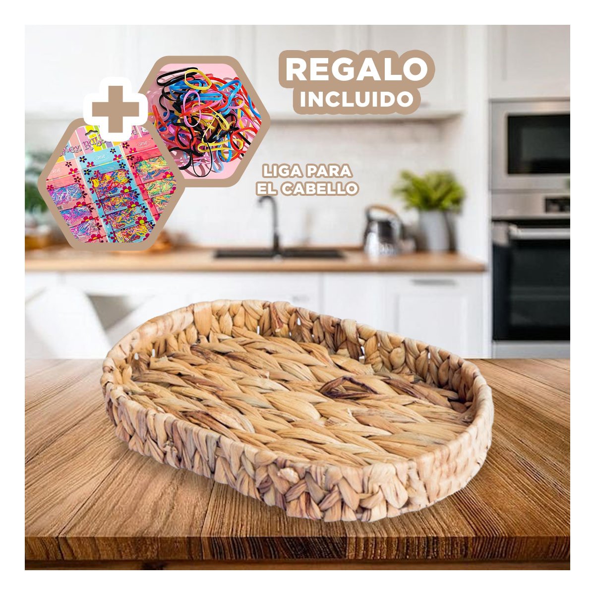 CESTA TEJIDA OVALADA GRASS 36X28X6CM MOSTAZA PRÁCTICA PARA ALMACENAR ARTÍCULOS Y+LIGAS REGALO - 2