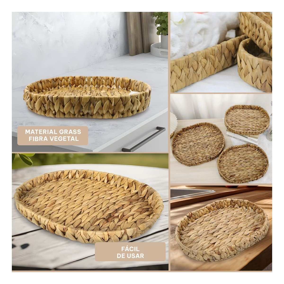 PACK12 RECIPIENTE TEJIDO OVALADO GRASS 29X20X4.5CM MOSTAZA PARA ORGANIZAR OFICINA Y HOGAR - 2