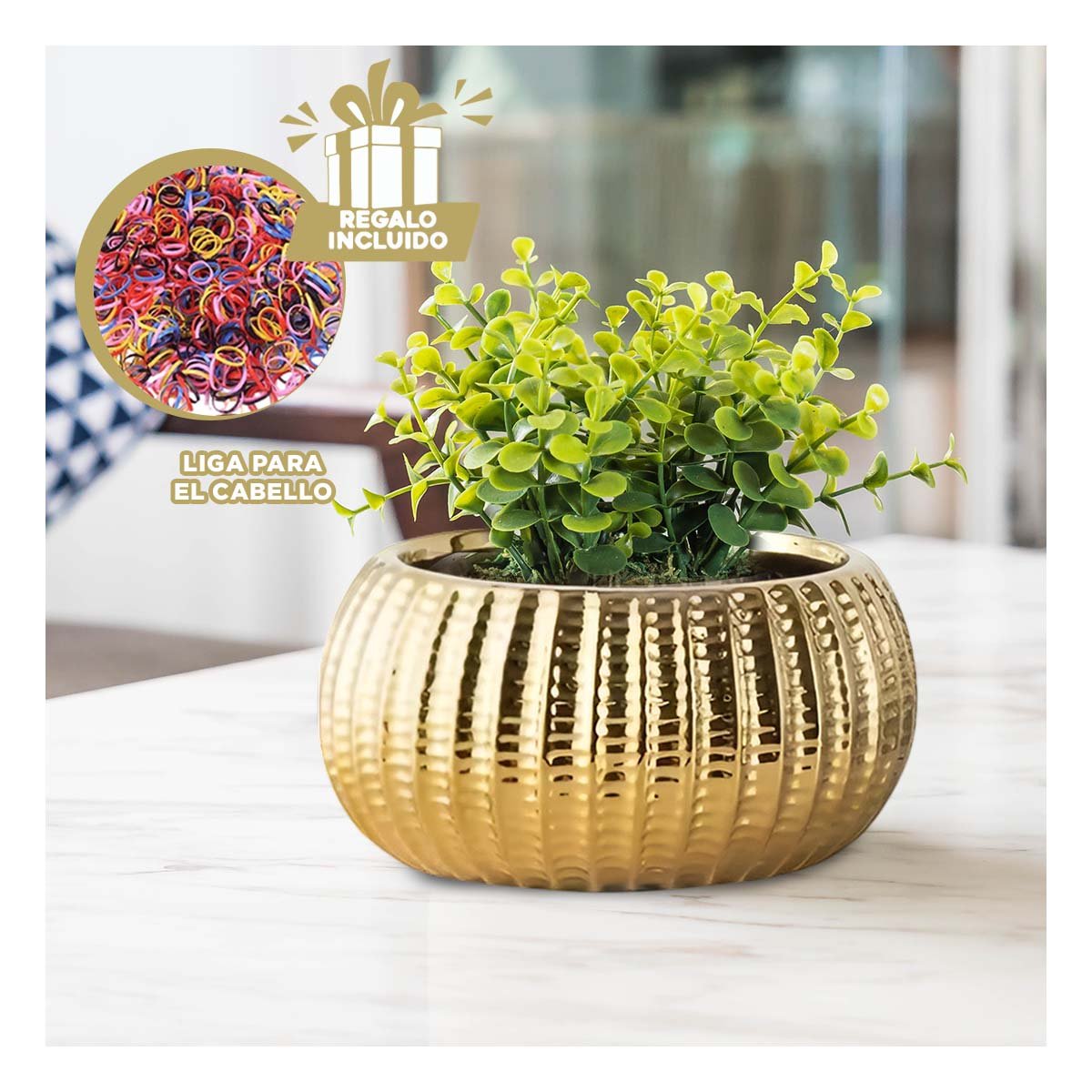 RECIPIENTE CUENCO DE CERAMICA GALVANIZADA 17.5X22X11.5CM DORADO ACANALADO Y+LIGAS REGALO - 2