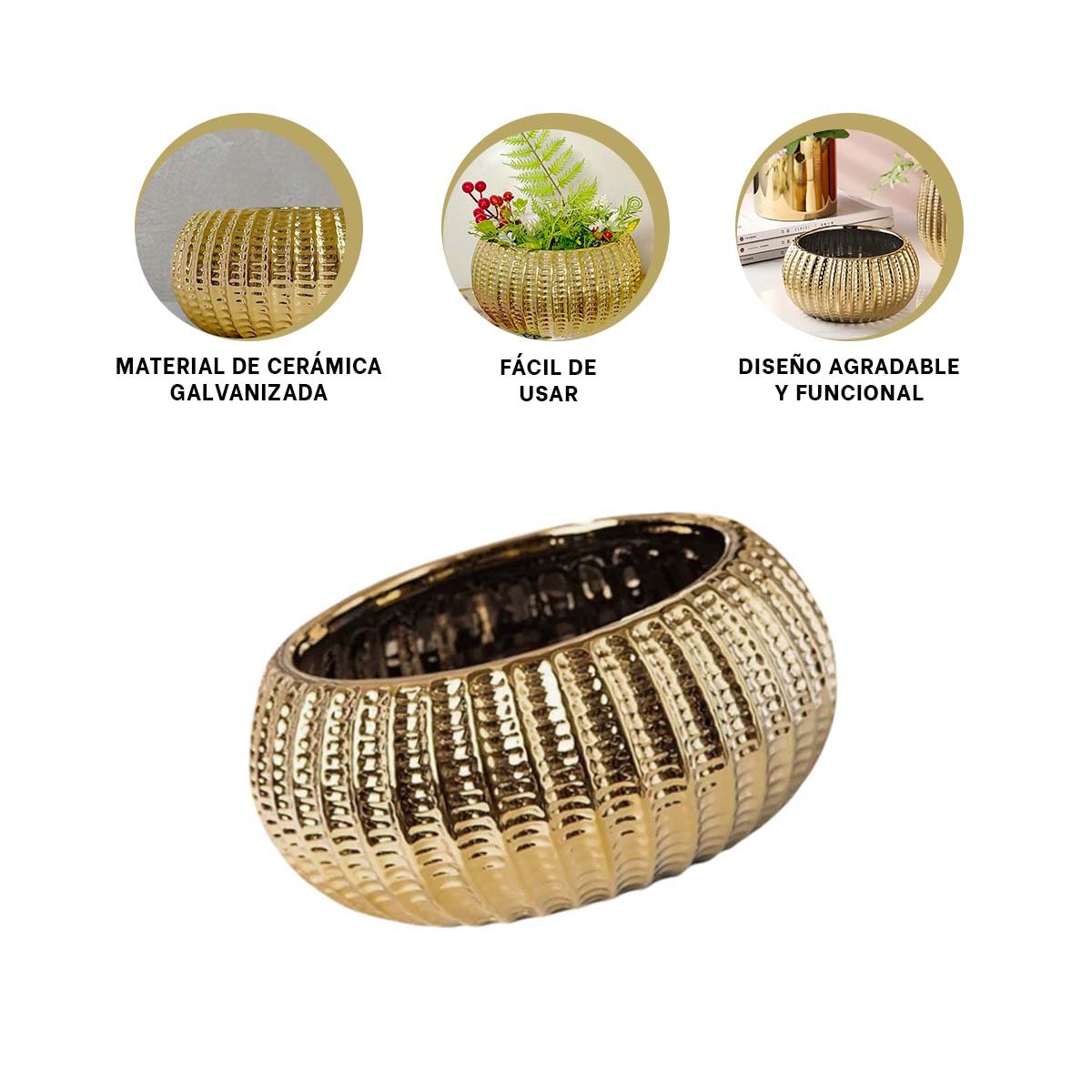 TAZON CUENCO CERAMICA DORADO ACANALADO PARA MESA Y PLANTAS Y+POST IT - 5