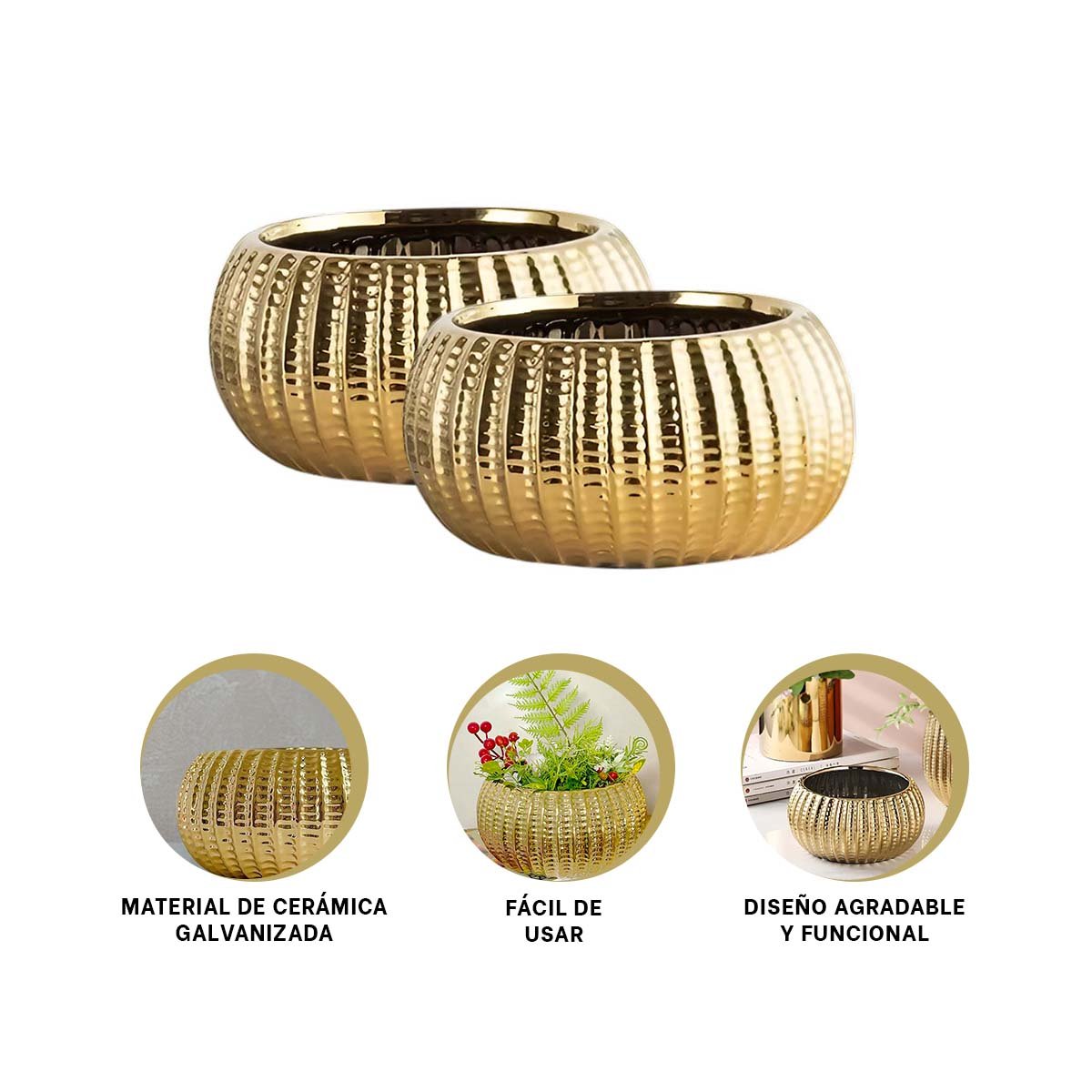 PLANTA CUENCO DE CERAMICA GALVANIZADA 17.5X22X11.5CM DORADO ACANALADO PARA SALA Y+POST IT - 5