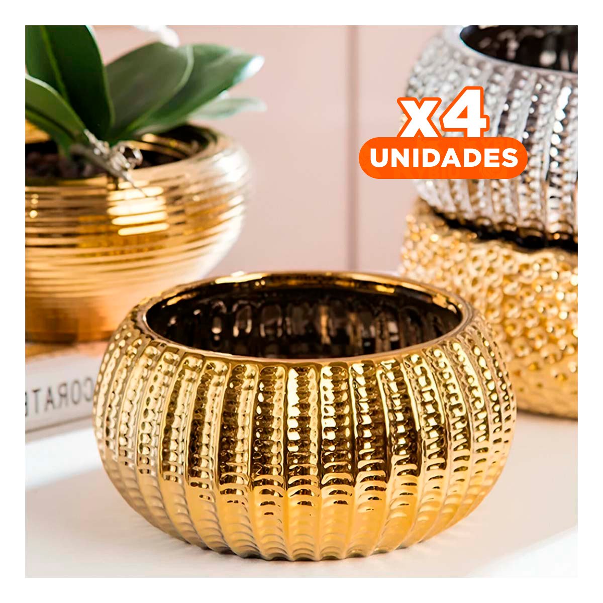 PACK4 PLANTA DECORATIVA CERAMICA DORADO 17.5X22X11.5CM Y+PAPEL REGALO - 1