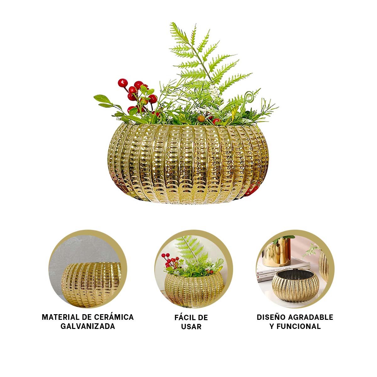 RECIPIENTE CUENCO CERAMICA DORADO ACANALADO PARA PLANTAS HOGAR Y+PAPEL REGALO - 5