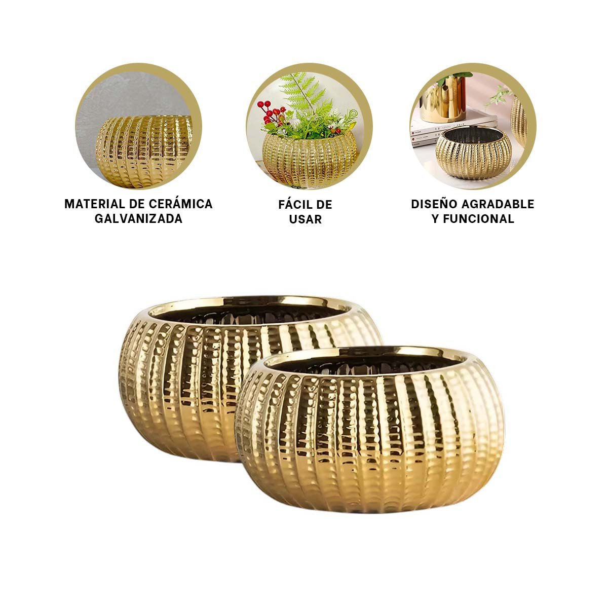 CONTENEDOR CUENCO CERAMICA GALVANIZADA 15X20X10.5CM DORADO ACANALADO PARA PLANTAS Y+POST IT - 5