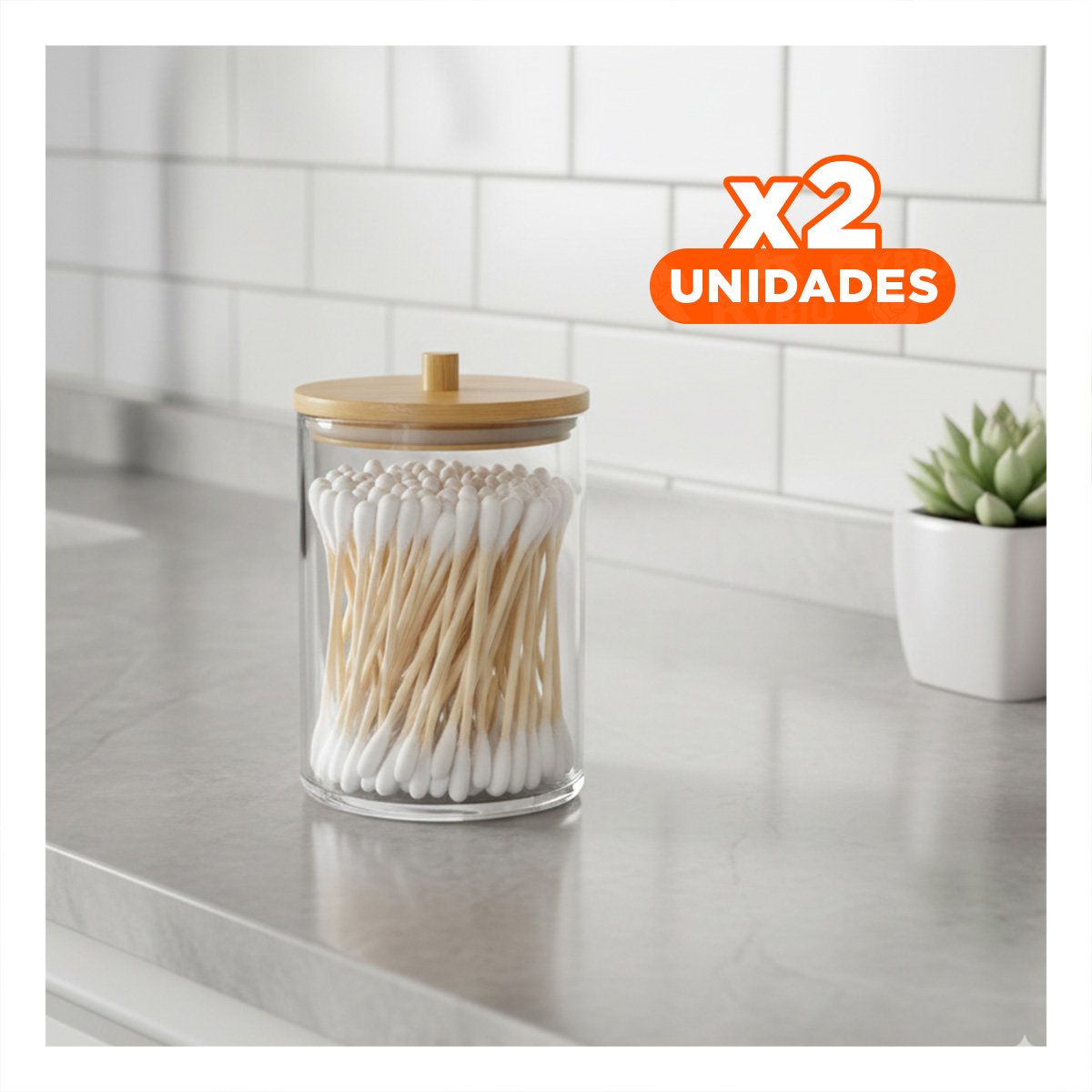 PACK2 FRASCO ACRILICO CON TAPA DE MADERA 7X11CM TRANSPARENTE PARA HISOPOS - 1