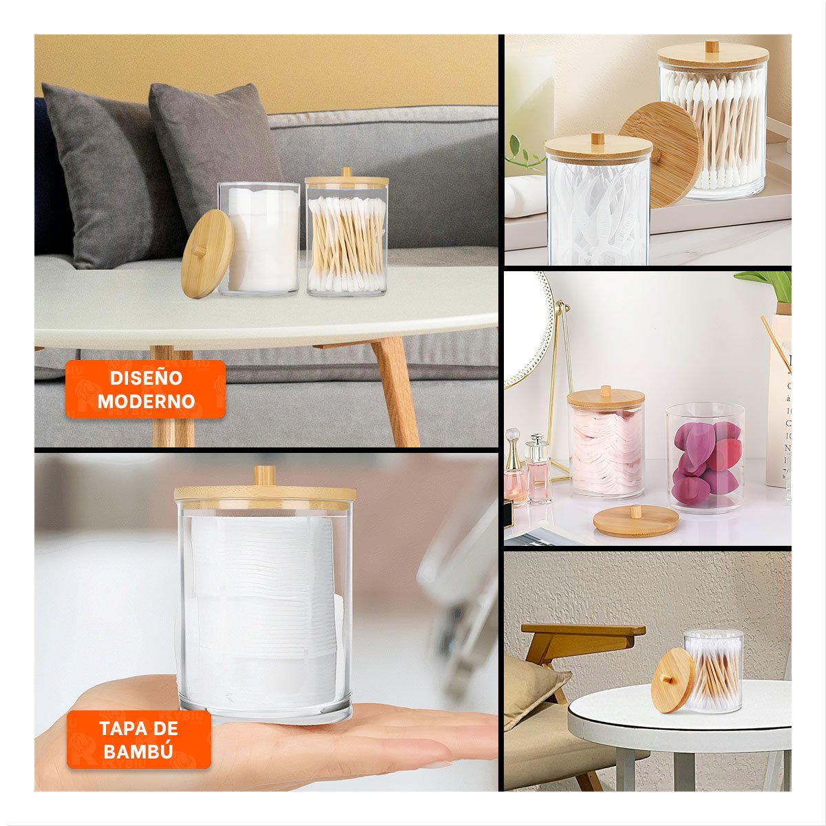 DISPENSADOR ACRILICO CON TAPA DE MADERA 7X11CM TRANSPARENTE USO HOGAR Y+LIGAS REGALO - 1