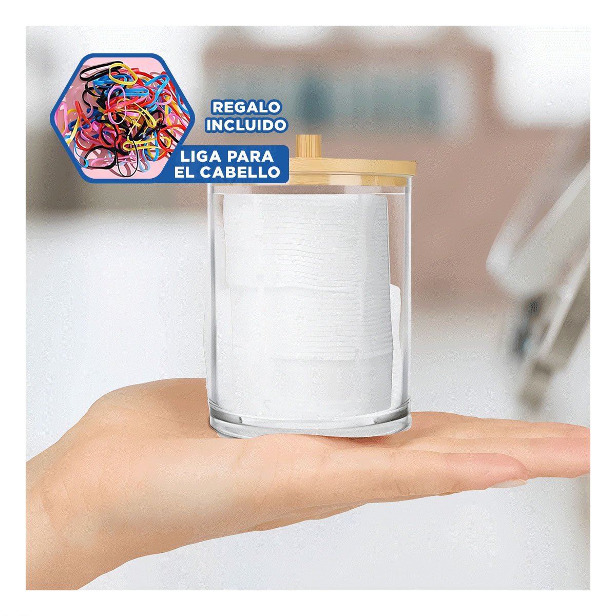 DISPENSADOR ACRILICO CON TAPA DE MADERA 7X11CM TRANSPARENTE USO HOGAR Y+LIGAS REGALO - 2