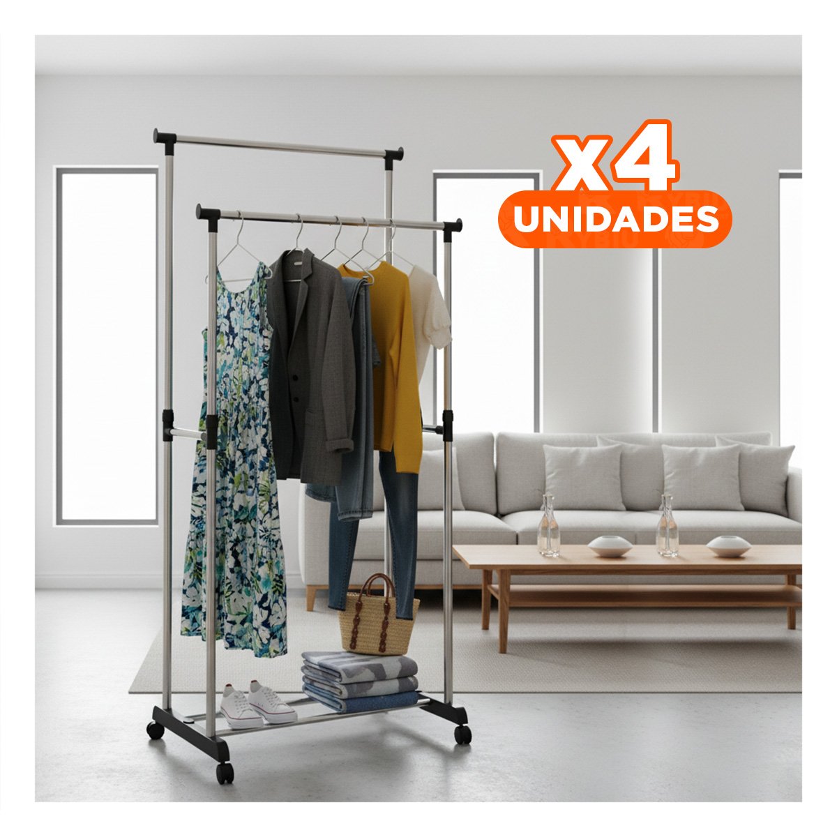 PACK4 RACK COLGADOR DOBLE DE ROPA BARRA PEQUENA PLATEADO DISENO COMPACTO Y+PAPEL REGALO - 1
