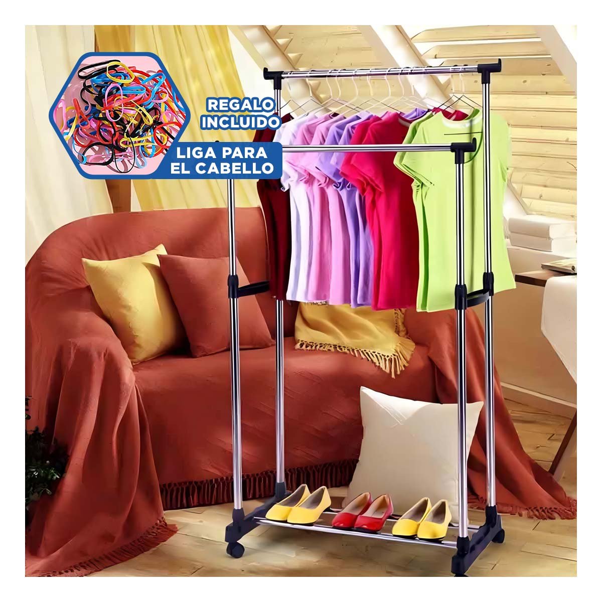 PERCHERO COLGADOR DOBLE DE ROPA BARRA PEQUENA PLATEADO FACIL MONTAJE Y+LIGAS REGALO - 2