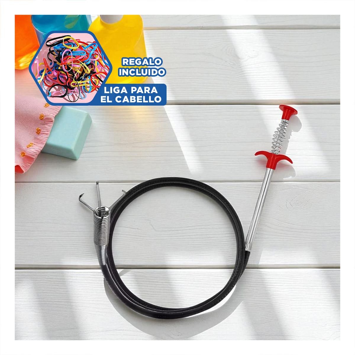 GANCHO DE USO DOMESTICO PARA LIMPIEZA DE DRENAJE NEGRO CON LARGO 200CM Y+LIGAS REGALO - 2