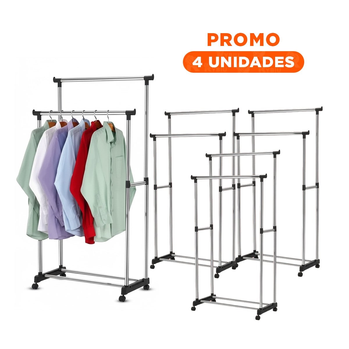 PACK4 RACK COLGADOR DOBLE DE ROPA BARRA PEQUENA PLATEADO FACIL MONTAJE - 1
