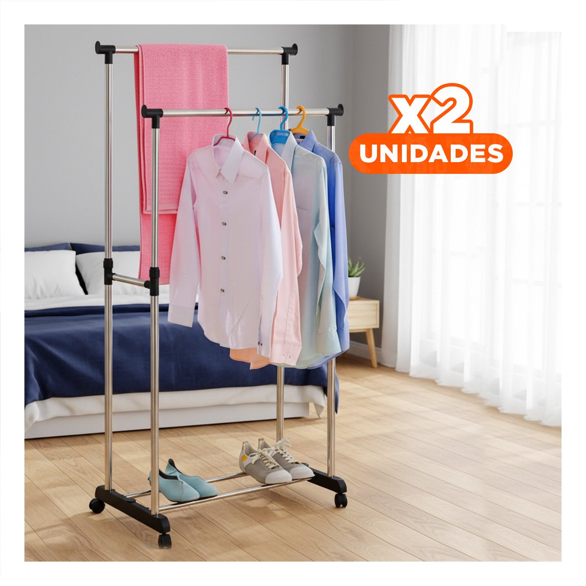 PACK2 RACK COLGADOR DOBLE DE ROPA BARRA PEQUENA PLATEADO AHORRO ESPACIO Y+PAPEL REGALO - 1