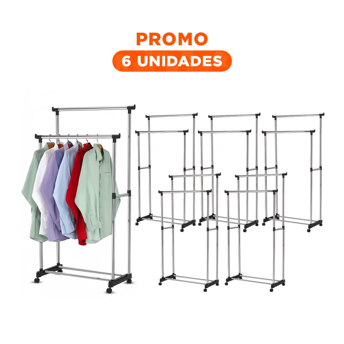 PACK6 BARRA COLGADOR DOBLE DE ROPA BARRA PEQUENA PLATEADO FACIL MONTAJE Y+REGALO STICKER - 1